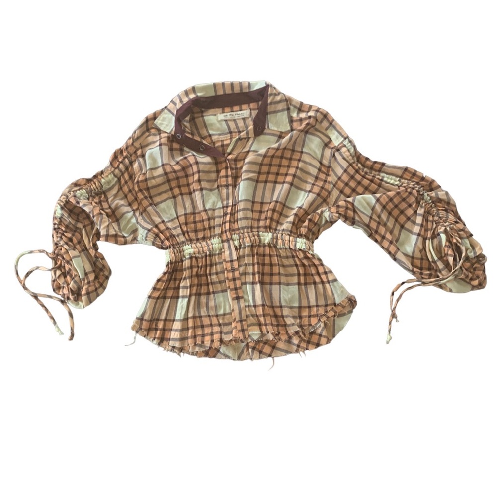 Free People Pacific Dawn Plaid Woven Tunic Snap Front‎ Cinched Waist Orange XS